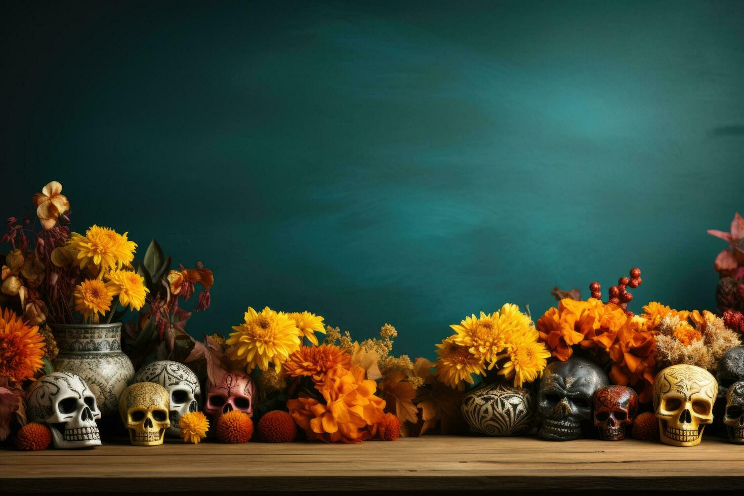 dag van de dood altaar versierd met goudsbloemen achtergrond met leeg ruimte voor tekst foto
