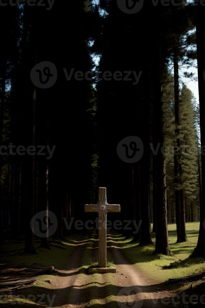 een kruis zittend in de midden- van een Woud. ai gegenereerd foto