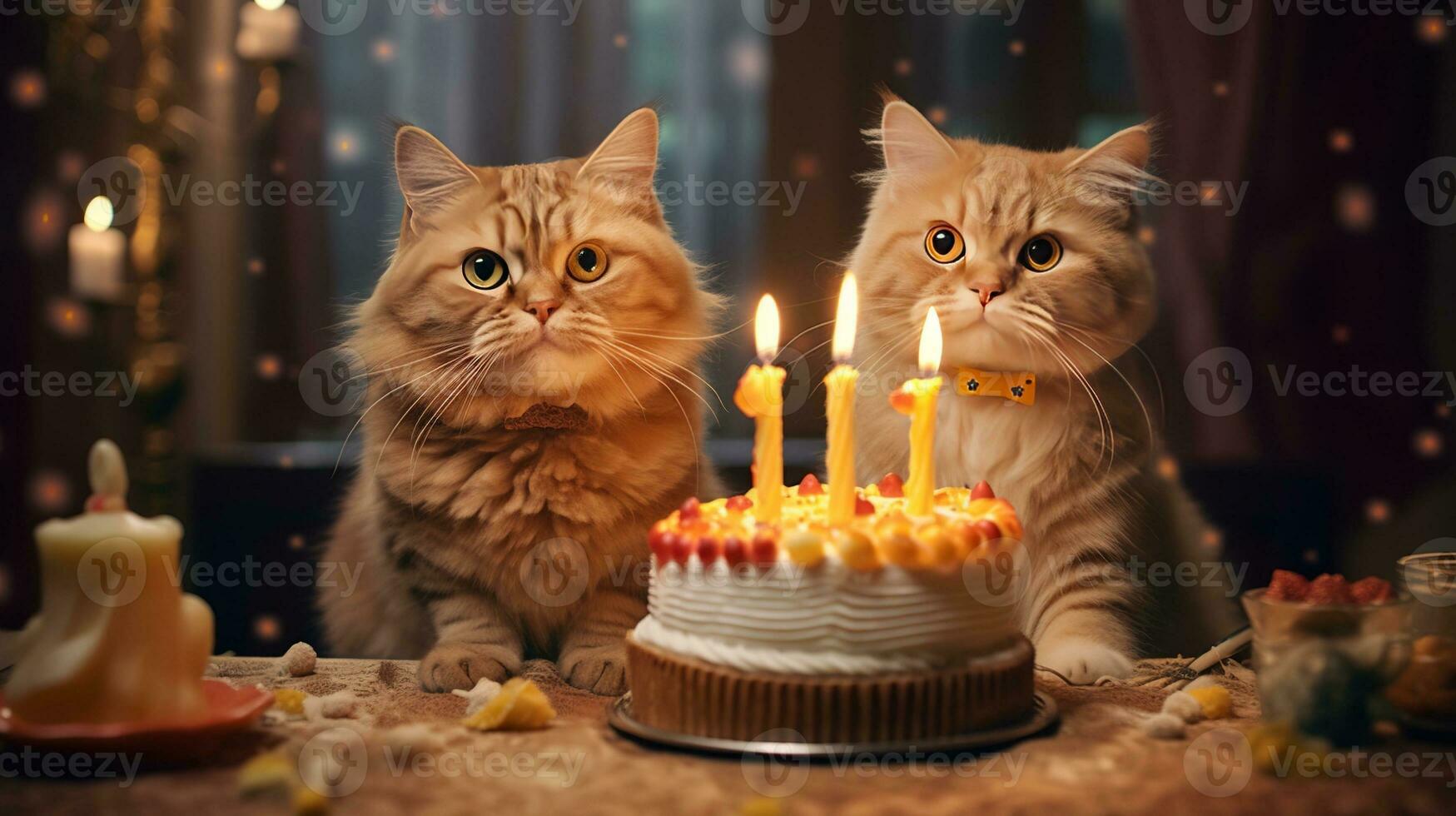 generatief ai, kat verjaardag partij, taart met een kaarsen foto