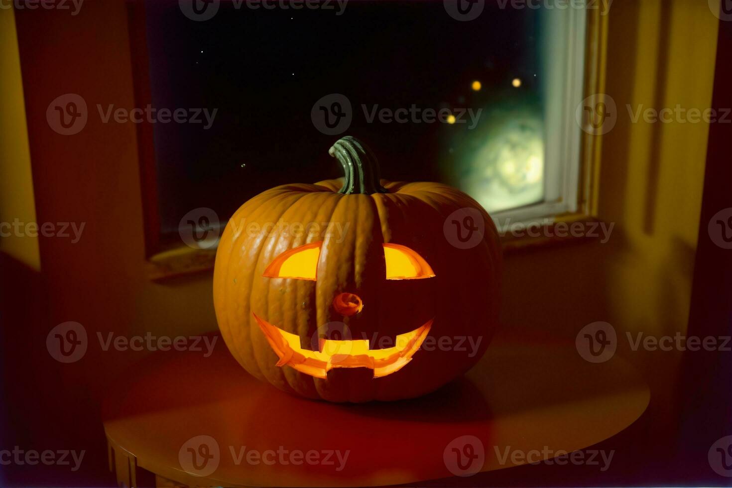 een gesneden pompoen zittend Aan een tafel in voorkant van een venster. ai gegenereerd foto