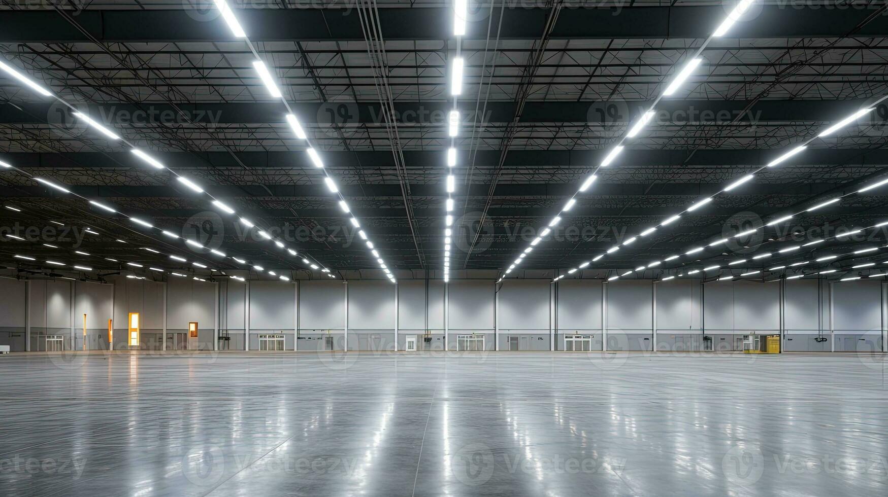 generatief ai, magazijn interieur met LED verlichting, industrie gebouw, distributie kleinhandel centrum, een deel van opslagruimte en Verzending systeem. foto