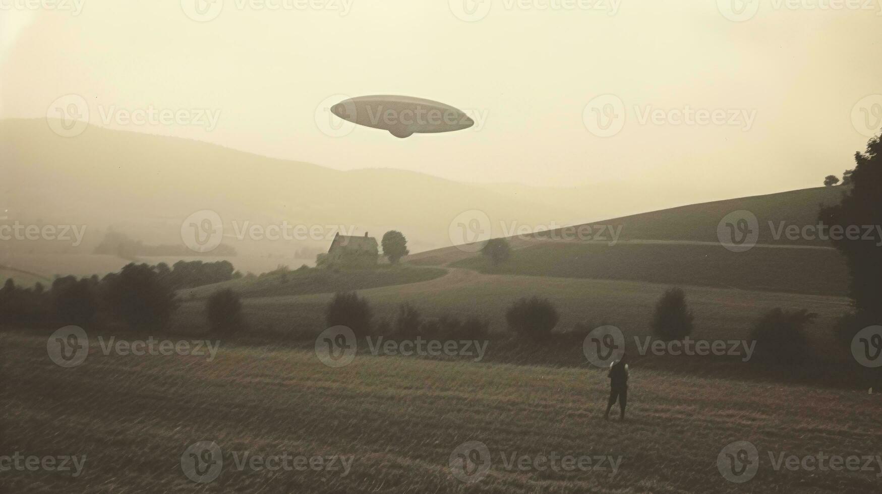 generatief ai, ufo over- de Italiaans landschap wijnoogst foto, buitenaardse wezens getuigen retro Jaren 30 stijl fotografie foto