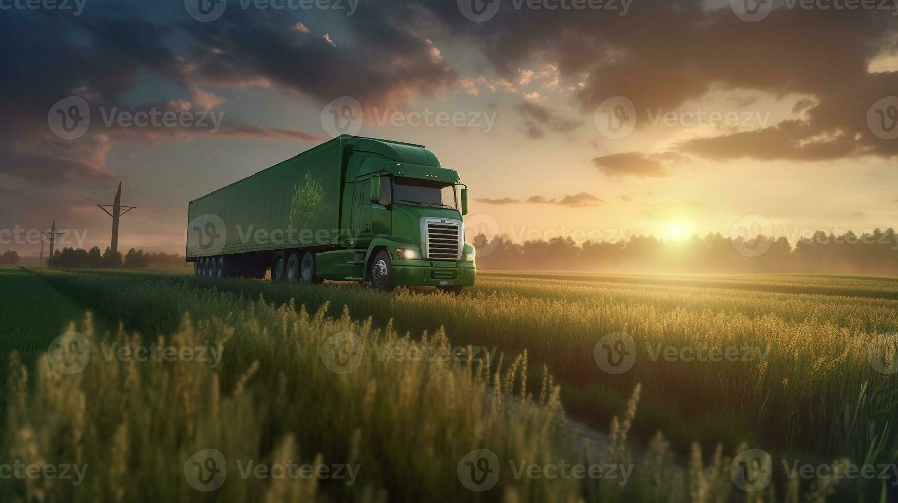 generatief ai, groen vrachtauto het rijden Aan de asfalt weg in landelijk landschap Bij zonsondergang. foto