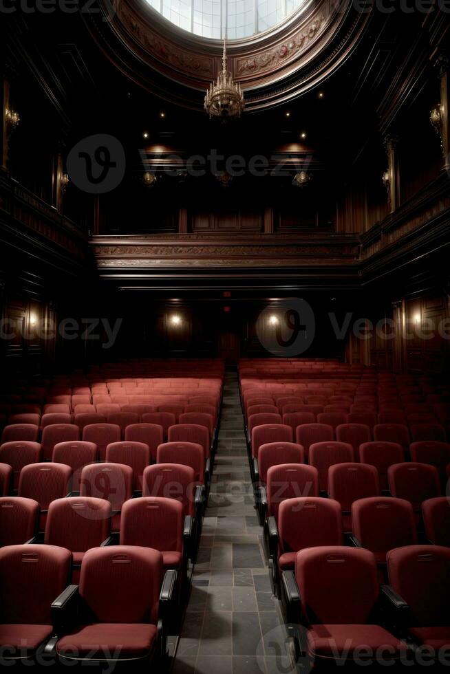 een leeg auditorium met rood stoelen en een kroonluchter. ai gegenereerd foto