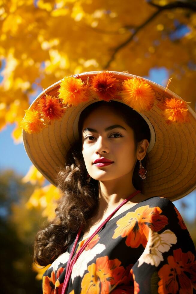 foto van emotioneel dynamisch houding Mexicaans vrouw in herfst ai generatief