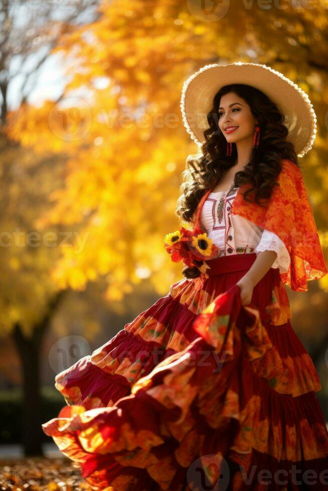 foto van emotioneel dynamisch houding Mexicaans vrouw in herfst ai generatief