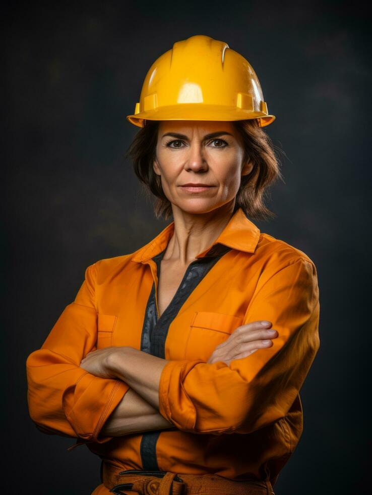foto schot van een natuurlijk vrouw werken net zo een bouw arbeider ai generatief
