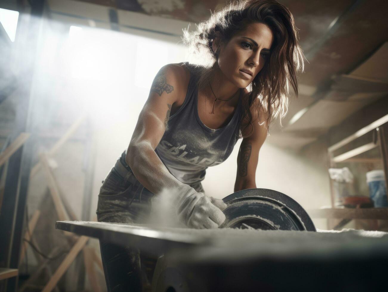 foto schot van een natuurlijk vrouw werken net zo een bouw arbeider ai generatief