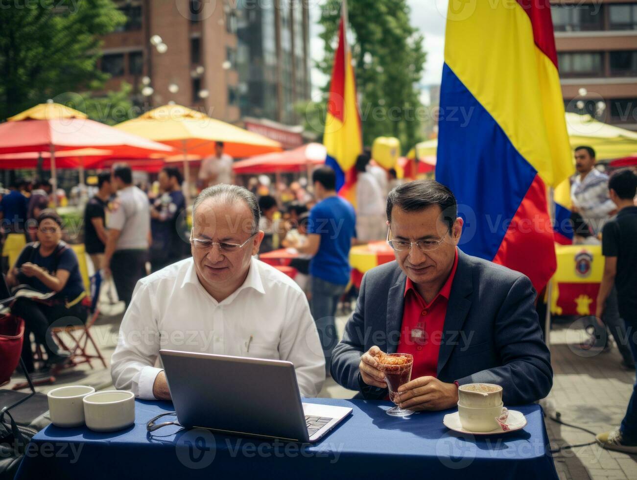 Colombiaanse Mens werken Aan een laptop in een levendig stedelijk instelling ai generatief foto