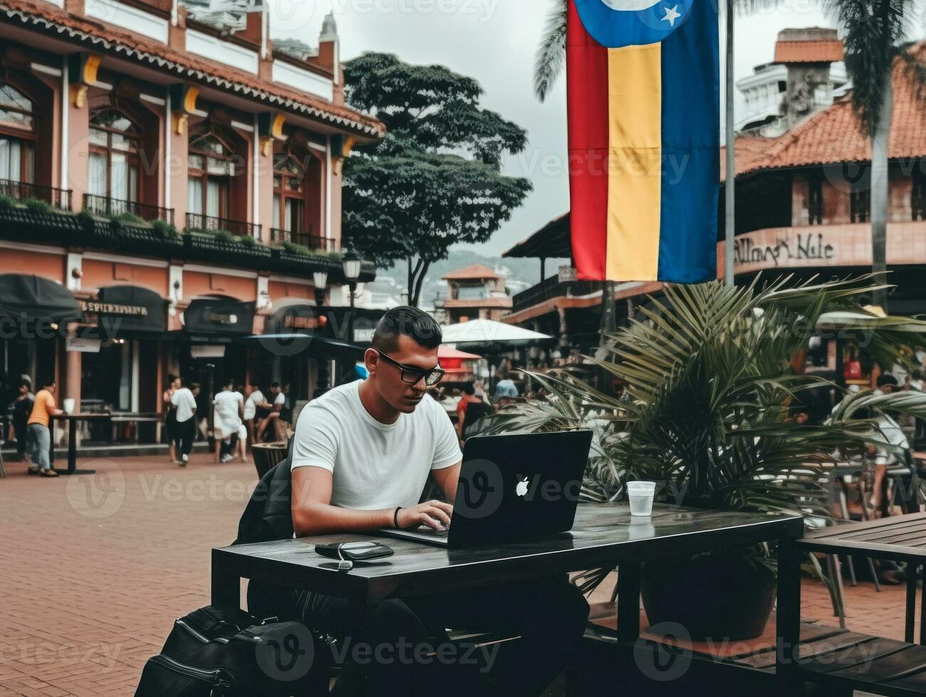 Colombiaanse Mens werken Aan een laptop in een levendig stedelijk instelling ai generatief foto