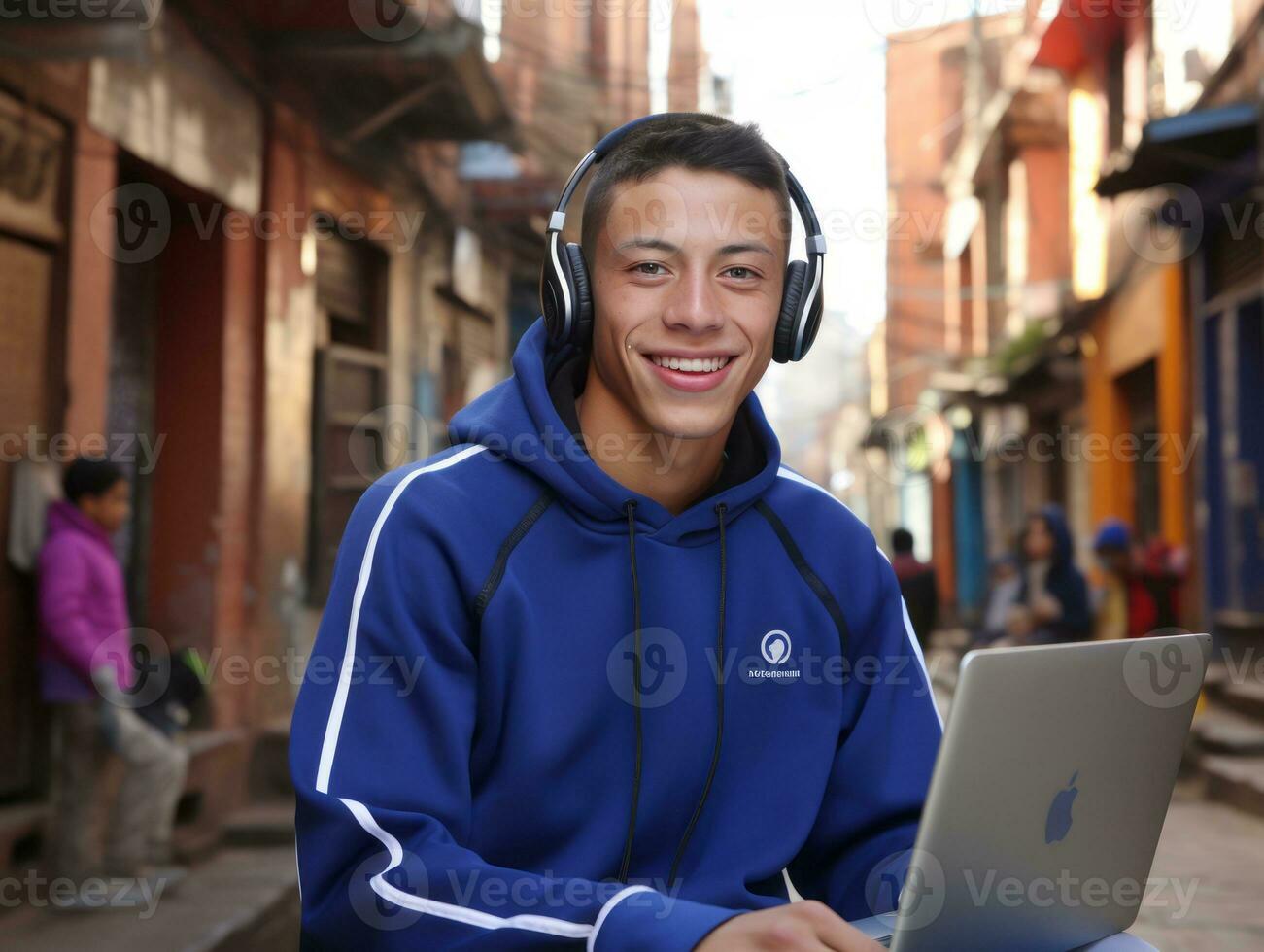 Colombiaanse tiener werken Aan een laptop in een levendig stedelijk instelling ai generatief foto