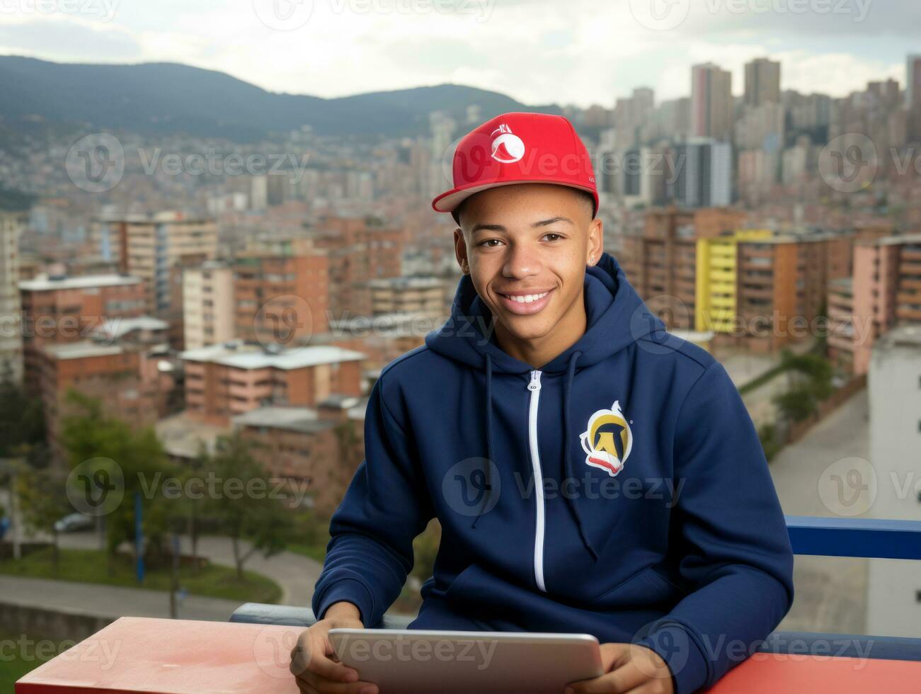 Colombiaanse tiener werken Aan een laptop in een levendig stedelijk instelling ai generatief foto