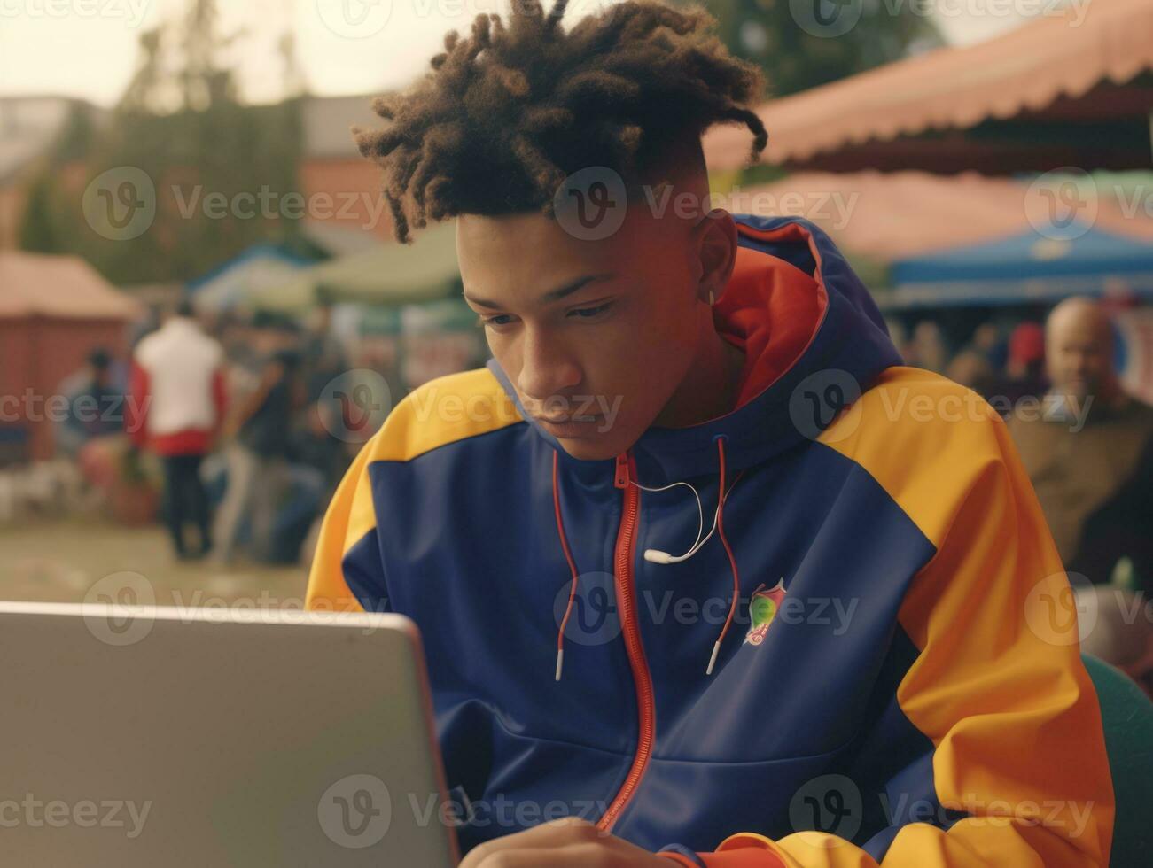 Colombiaanse tiener werken Aan een laptop in een levendig stedelijk instelling ai generatief foto