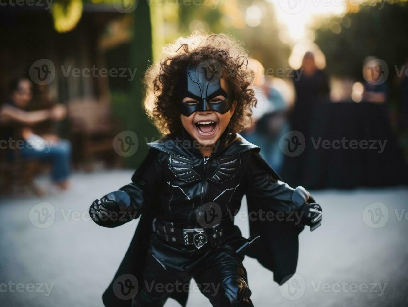 kind in een halloween kostuum met een speels houding ai generatief foto