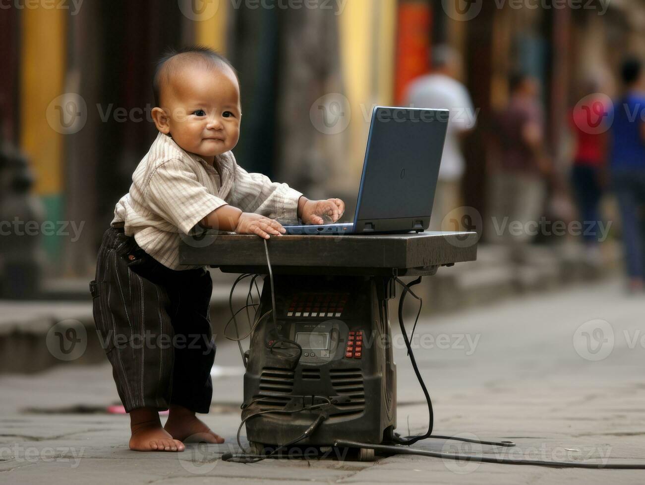 Colombiaanse kind werken Aan een laptop in een levendig stedelijk instelling ai generatief foto