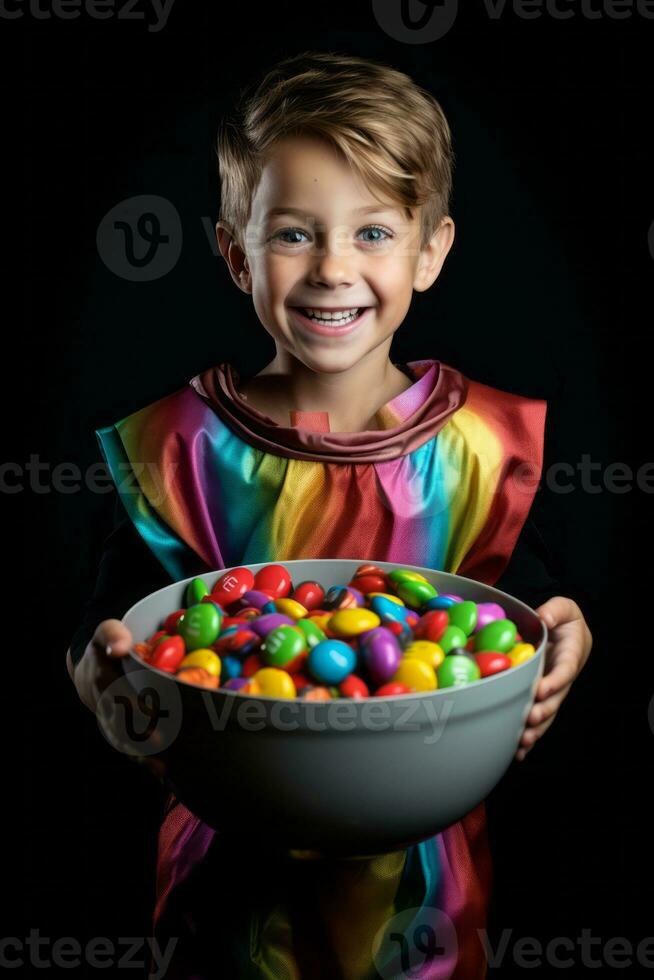 kind in halloween kostuum Holding een kom van snoep met ondeugend grijns ai generatief foto