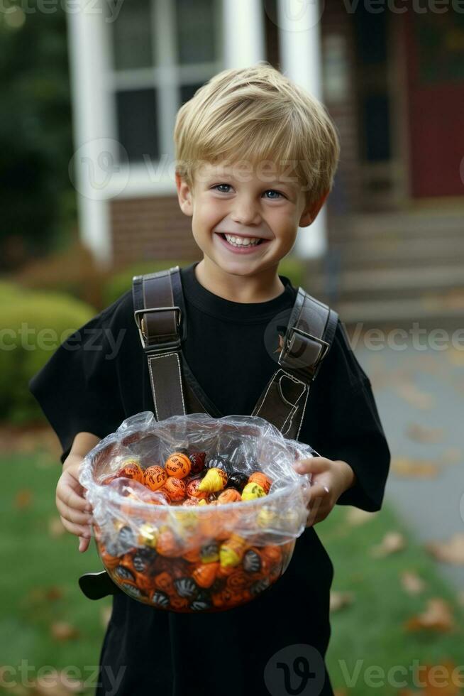 kind in halloween kostuum Holding een kom van snoep met ondeugend grijns ai generatief foto