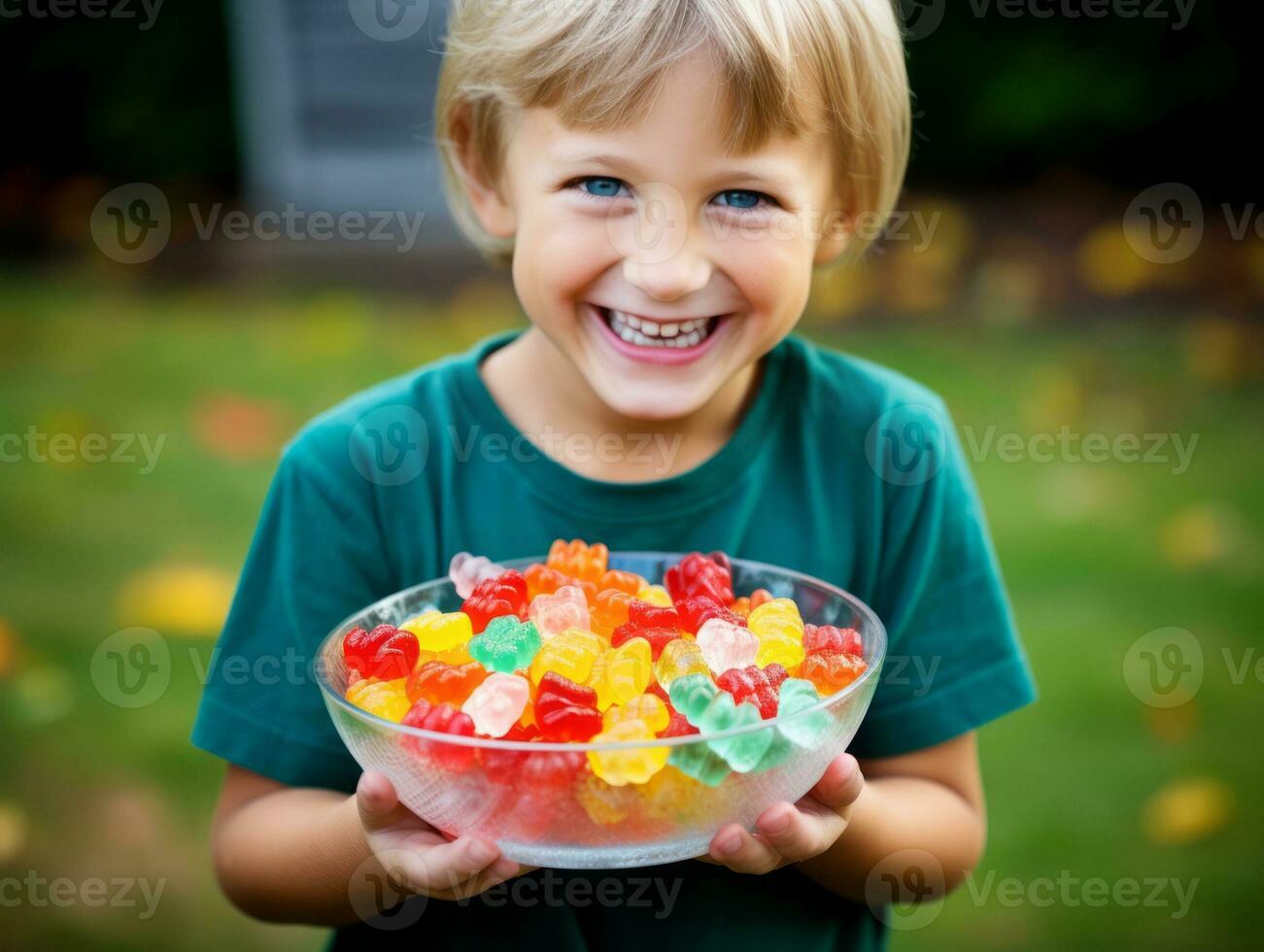 kind in halloween kostuum Holding een kom van snoep met ondeugend grijns ai generatief foto