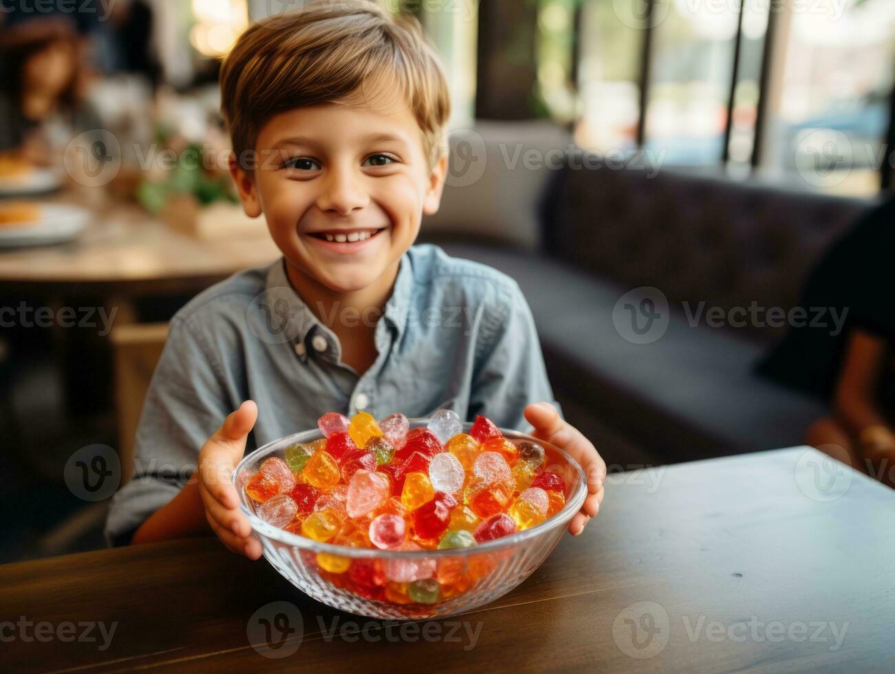 kind in halloween kostuum Holding een kom van snoep met ondeugend grijns ai generatief foto