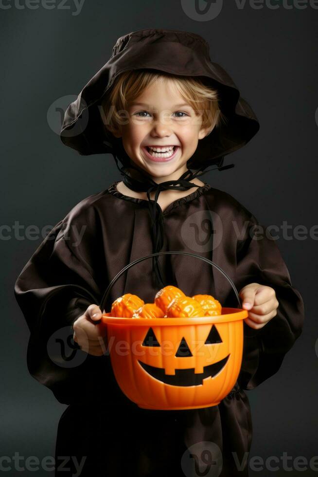 kind in halloween kostuum Holding een kom van snoep met ondeugend grijns ai generatief foto