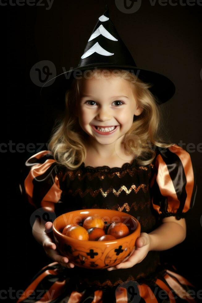 kind in halloween kostuum Holding een kom van snoep met ondeugend grijns ai generatief foto