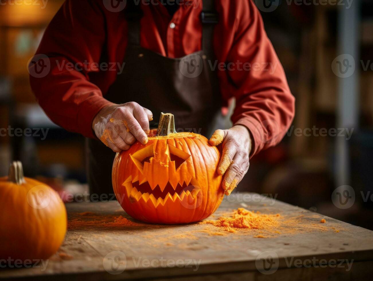 Mens snijwerk een sinister jack O lantaarn ai generatief foto