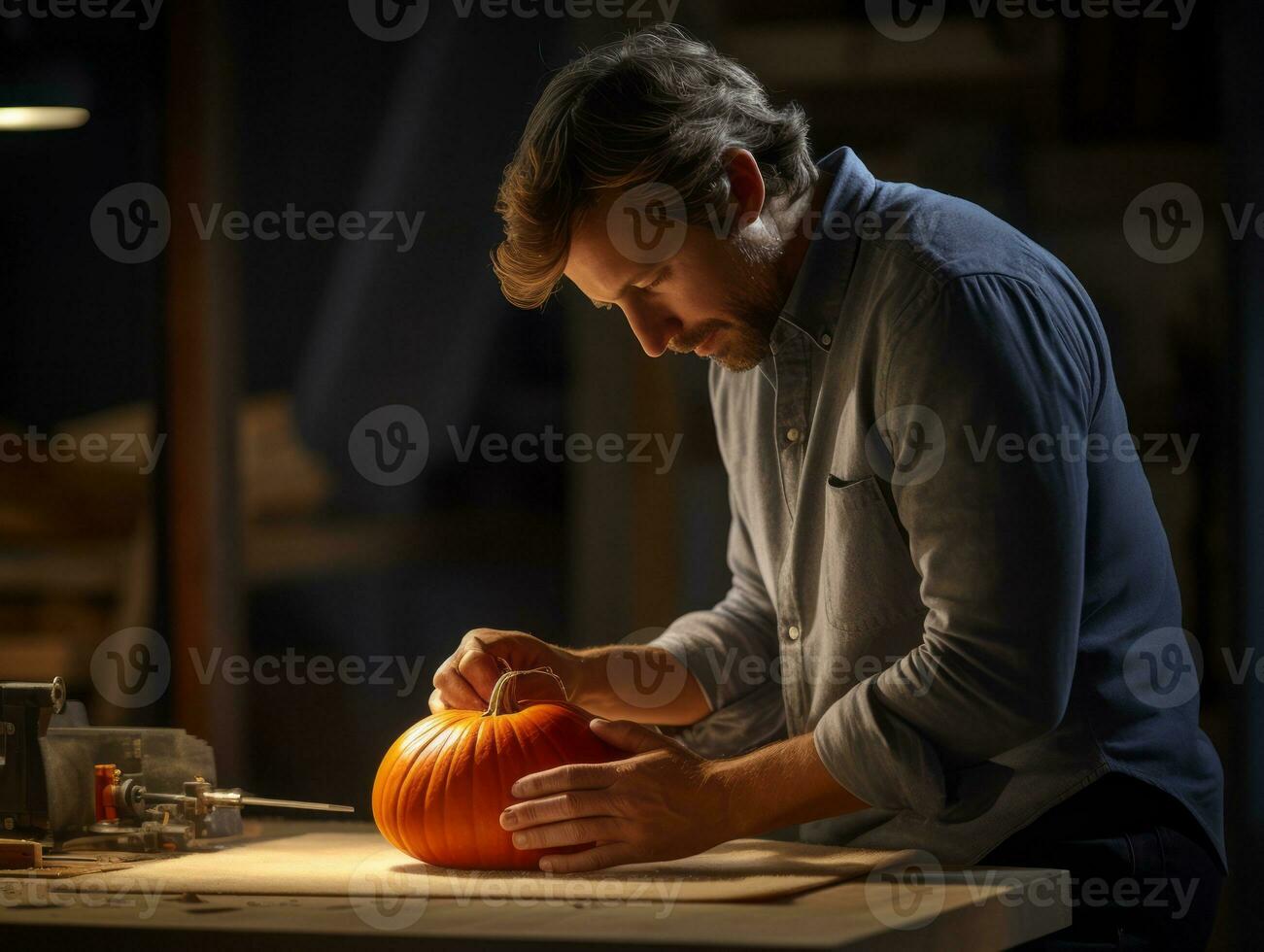 Mens snijwerk een sinister jack O lantaarn ai generatief foto