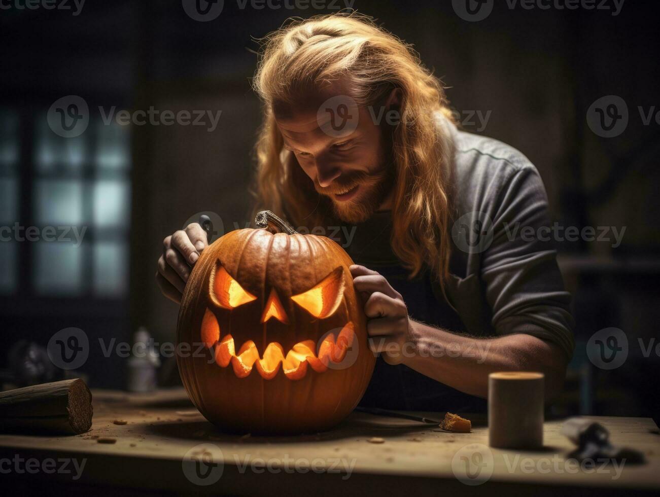 Mens snijwerk een sinister jack O lantaarn ai generatief foto