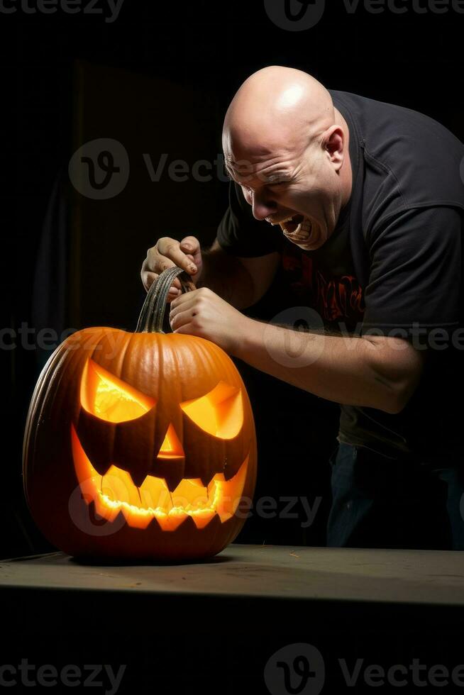 Mens snijwerk een sinister jack O lantaarn ai generatief foto