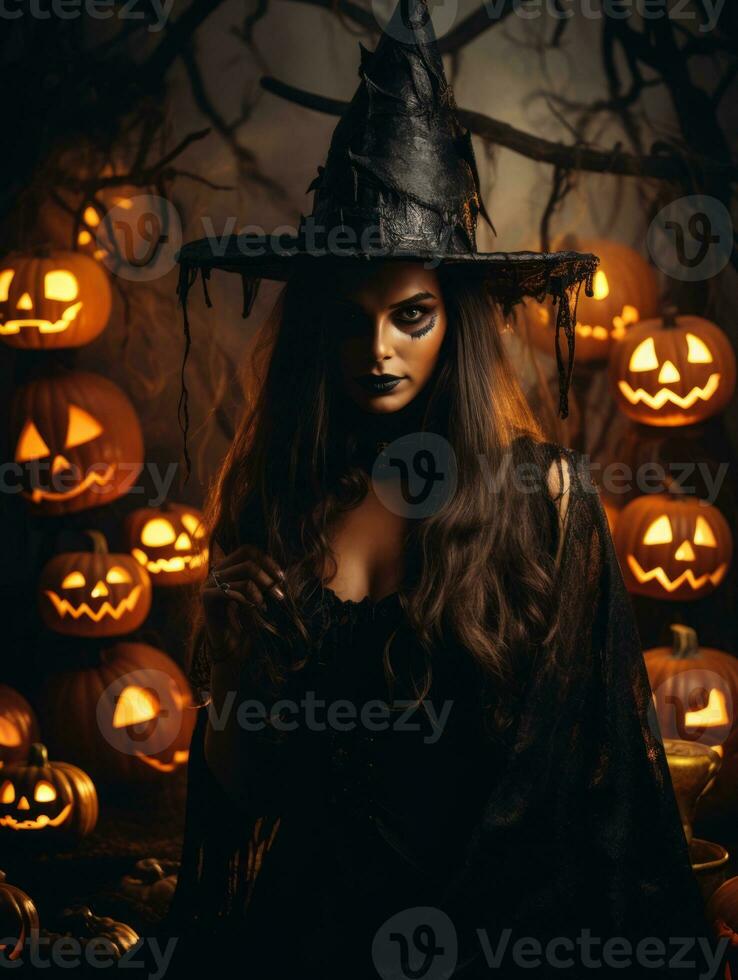 vrouw gekleed net zo een heks voor halloween ai generatief foto