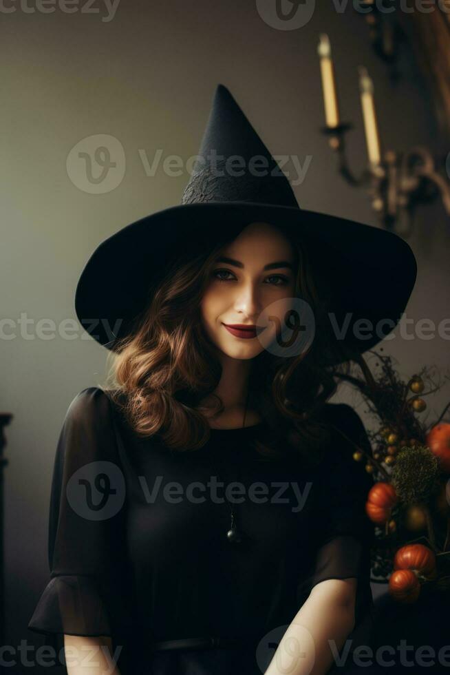 vrouw gekleed net zo een heks voor halloween ai generatief foto