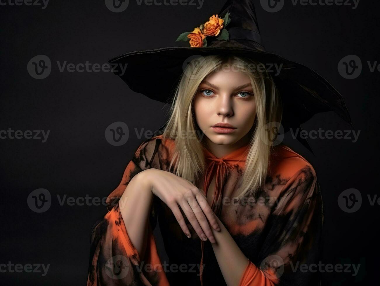 vrouw gekleed net zo een heks voor halloween ai generatief foto