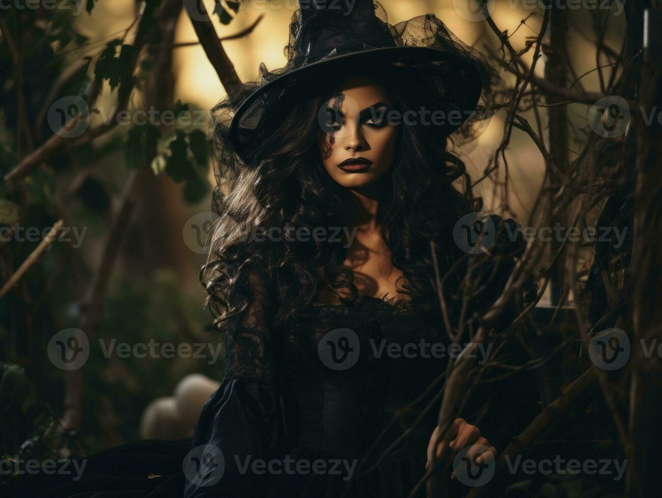 vrouw gekleed net zo een heks voor halloween ai generatief foto