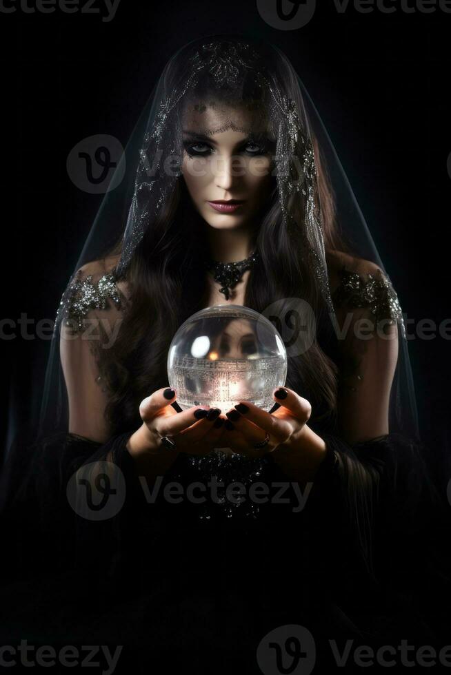 vrouw vertellen van een kristal bal gekleed net zo een mysterieus fortuin teller ai generatief foto