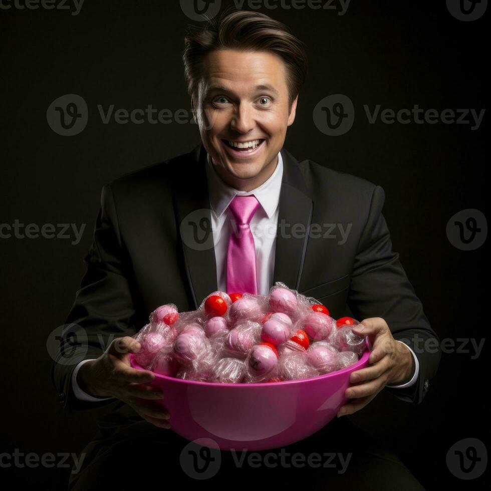 Mens in halloween kostuum Holding een kom van snoep met ondeugend grijns ai generatief foto