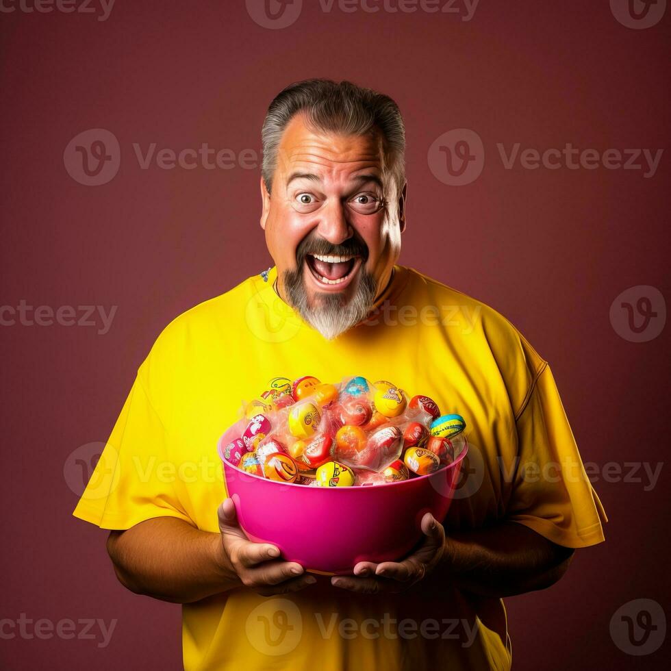 Mens in halloween kostuum Holding een kom van snoep met ondeugend grijns ai generatief foto