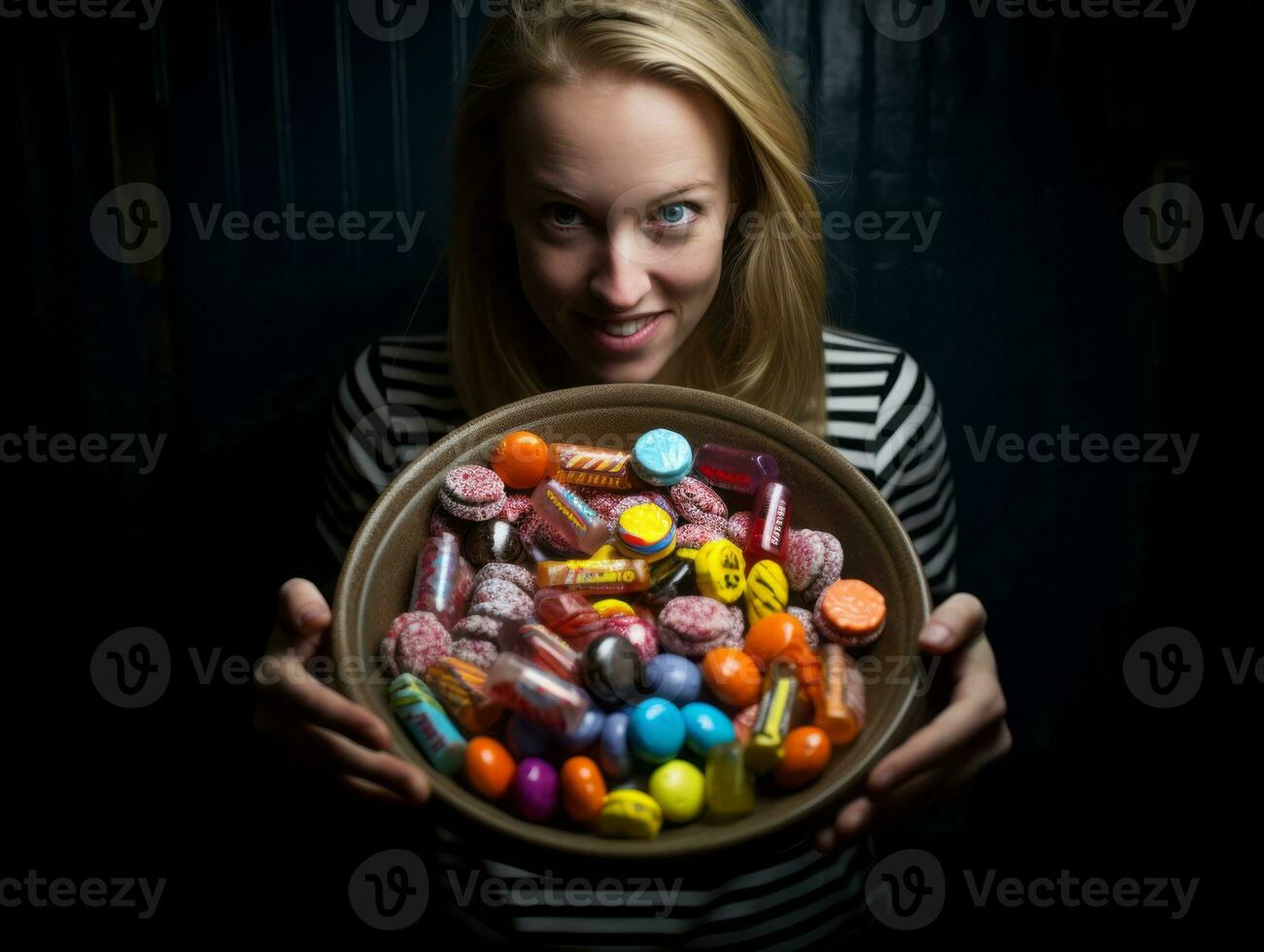 vrouw in een halloween kostuum Holding een kom van snoep met ondeugend grijns ai generatief foto