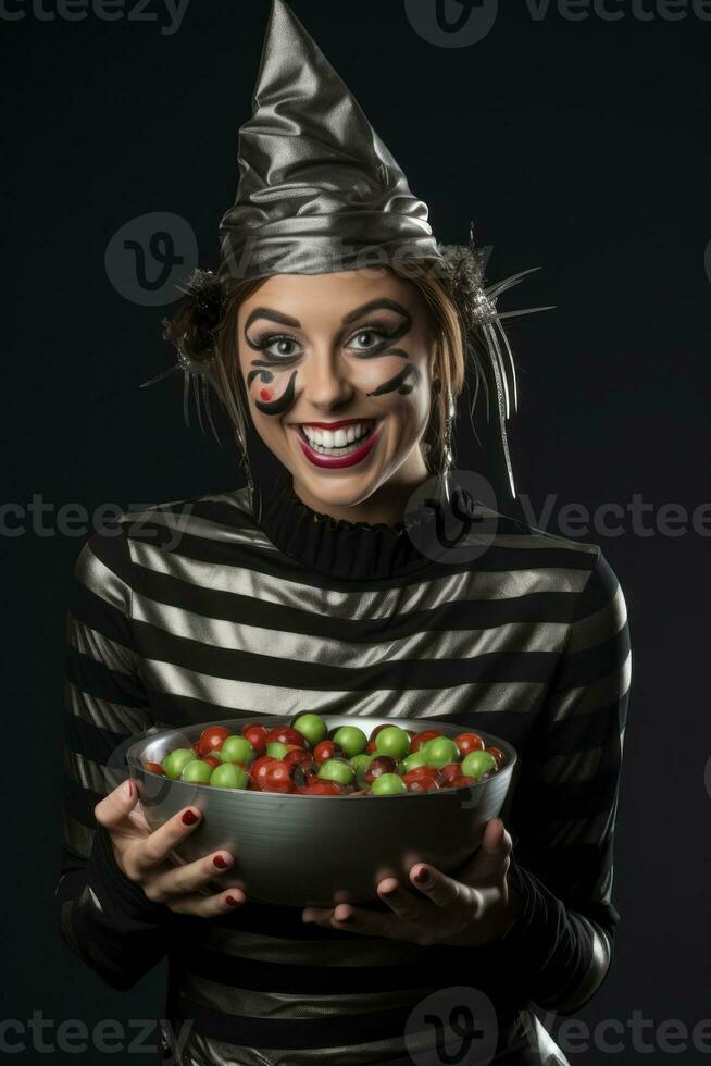 vrouw in een halloween kostuum Holding een kom van snoep met ondeugend grijns ai generatief foto