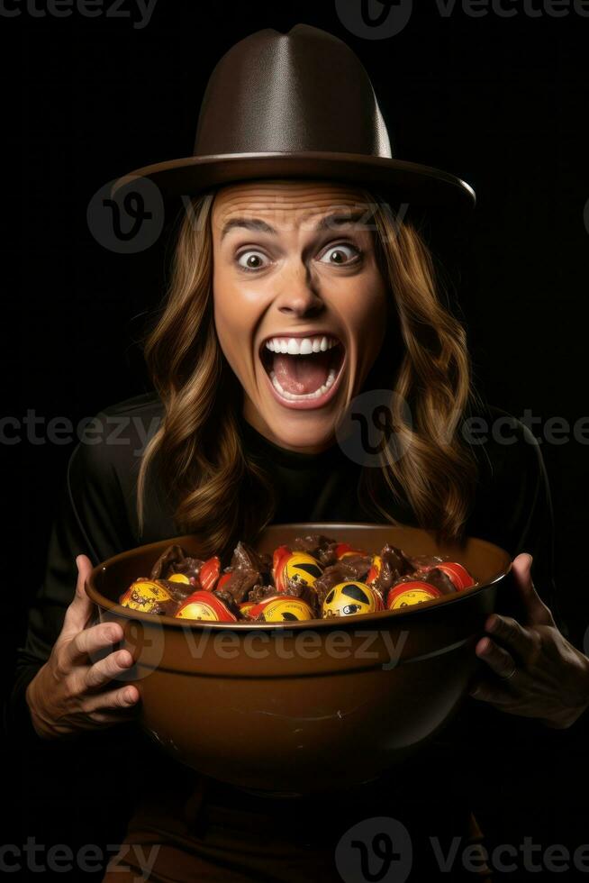 vrouw in een halloween kostuum Holding een kom van snoep met ondeugend grijns ai generatief foto