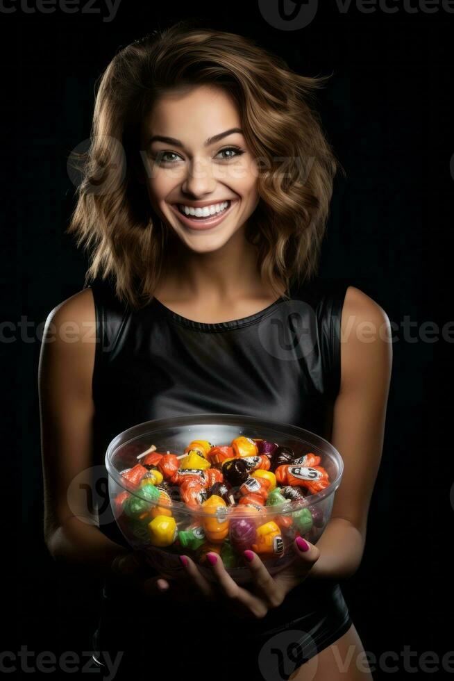 vrouw in een halloween kostuum Holding een kom van snoep met ondeugend grijns ai generatief foto