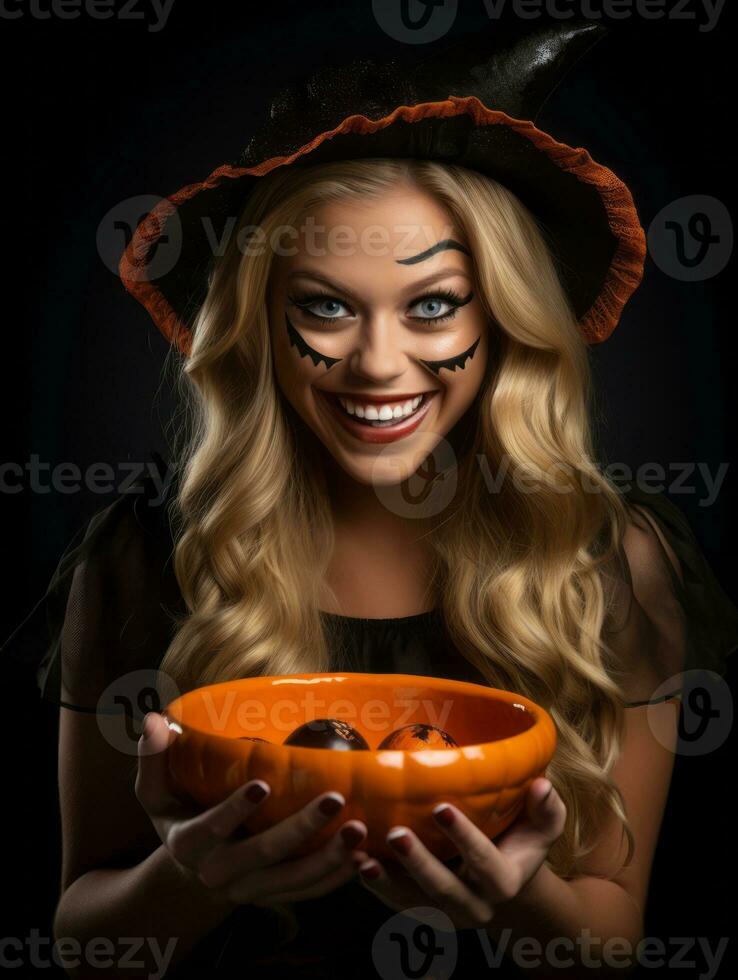 vrouw in een halloween kostuum Holding een kom van snoep met ondeugend grijns ai generatief foto