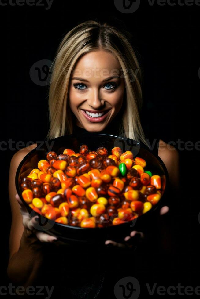 vrouw in een halloween kostuum Holding een kom van snoep met ondeugend grijns ai generatief foto