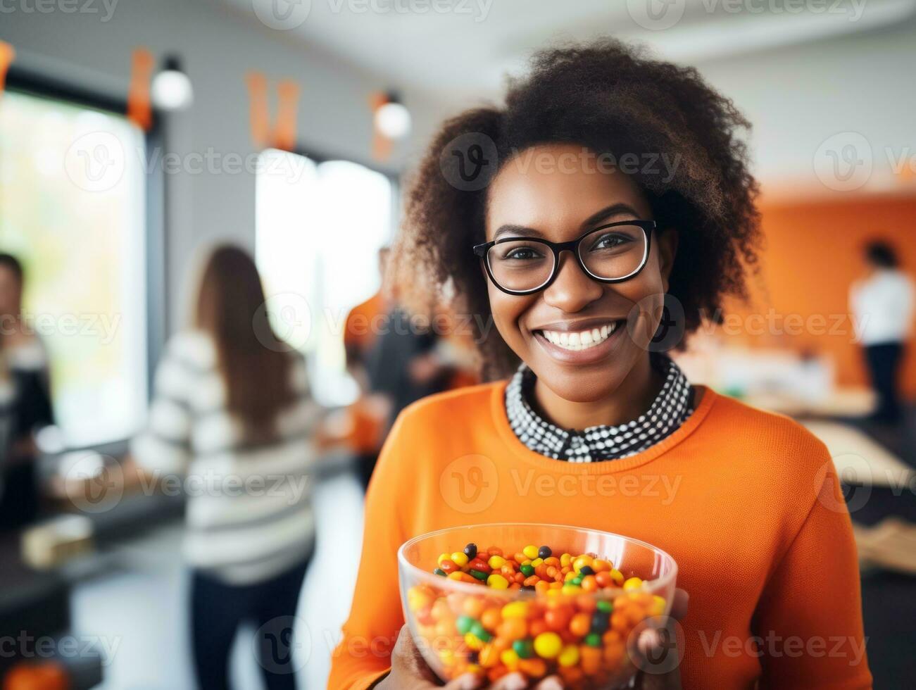 vrouw in een halloween kostuum Holding een kom van snoep met ondeugend grijns ai generatief foto