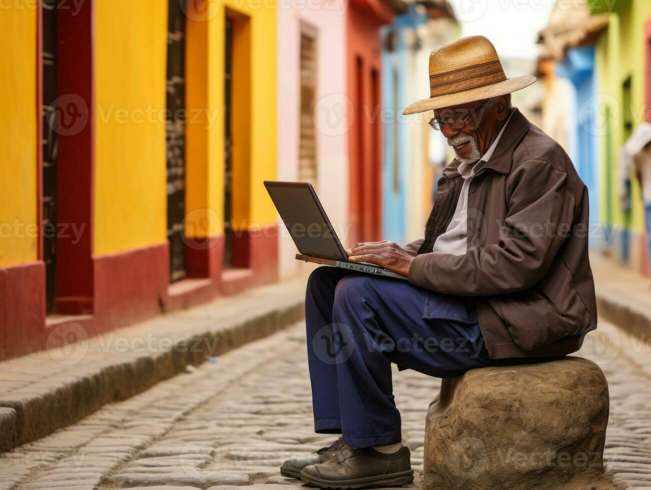 oud Colombiaanse Mens werken Aan een laptop in een levendig stedelijk instelling ai generatief foto