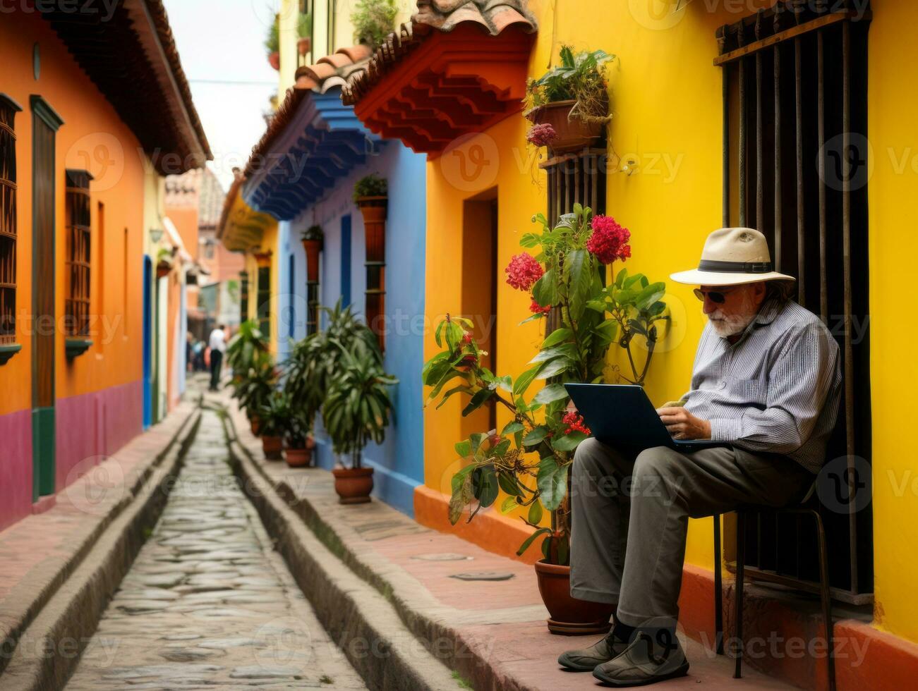 oud Colombiaanse Mens werken Aan een laptop in een levendig stedelijk instelling ai generatief foto