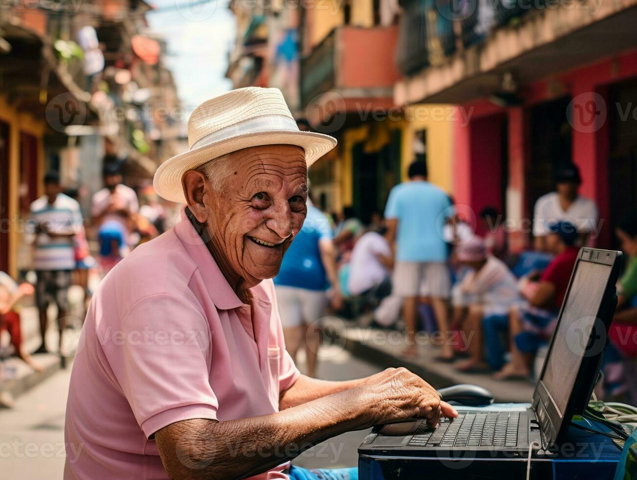 oud Colombiaanse Mens werken Aan een laptop in een levendig stedelijk instelling ai generatief foto