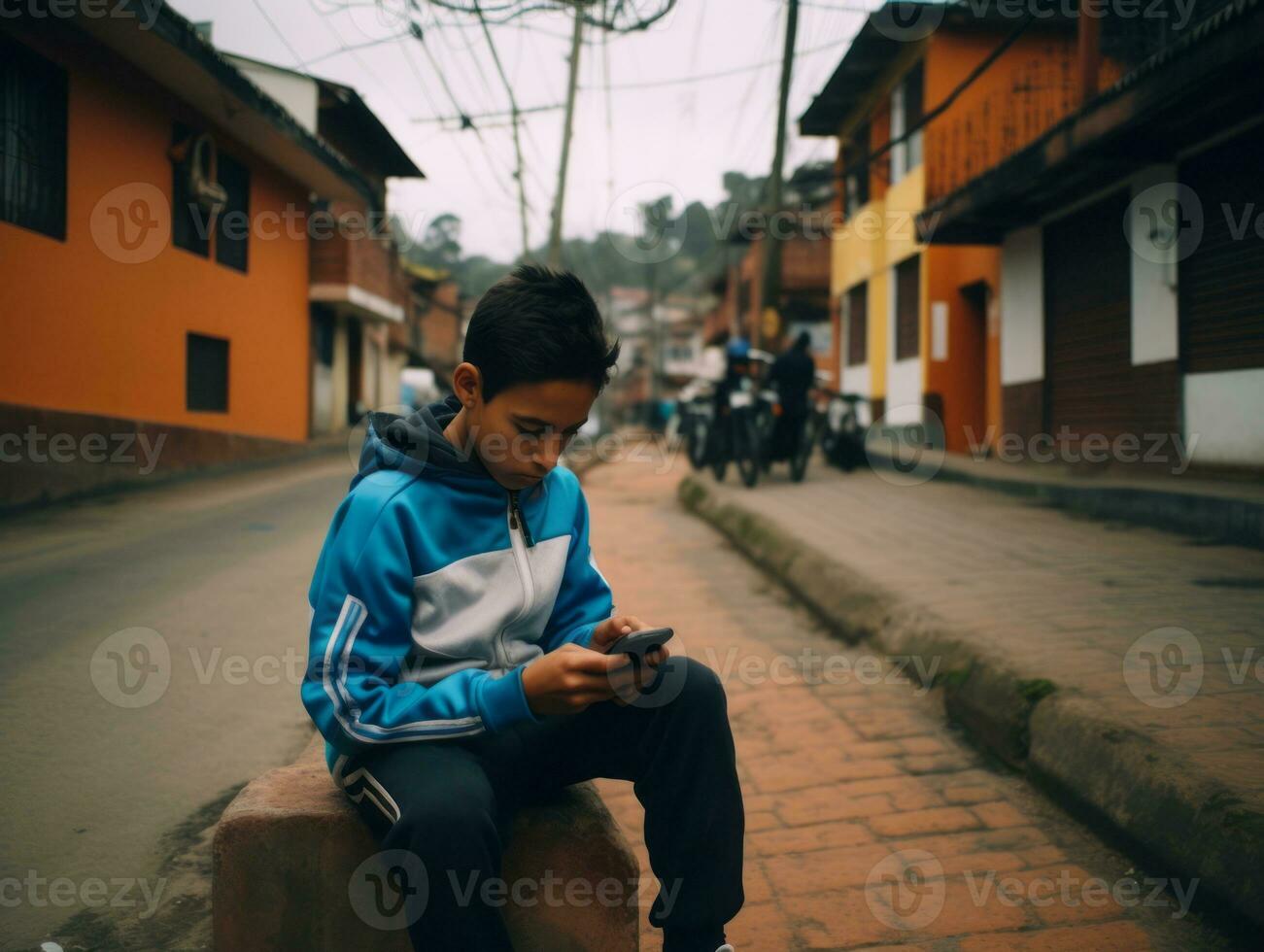 kind van Colombia gebruik makend van smartphone voor spelen spellen ai generatief foto