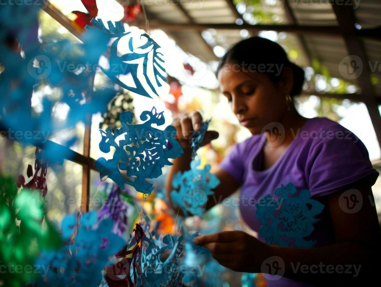 Dames creëren papel picado kleurrijk papier decoraties ai generatief foto