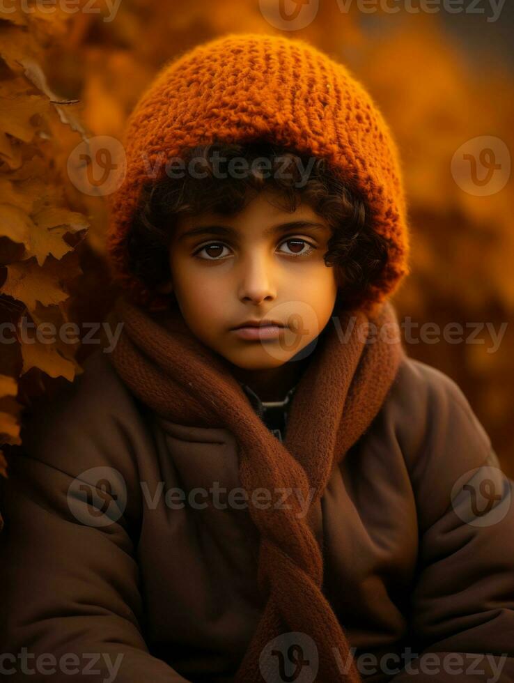 Indisch kind in speels emotioneel dynamisch houding Aan herfst achtergrond ai generatief foto