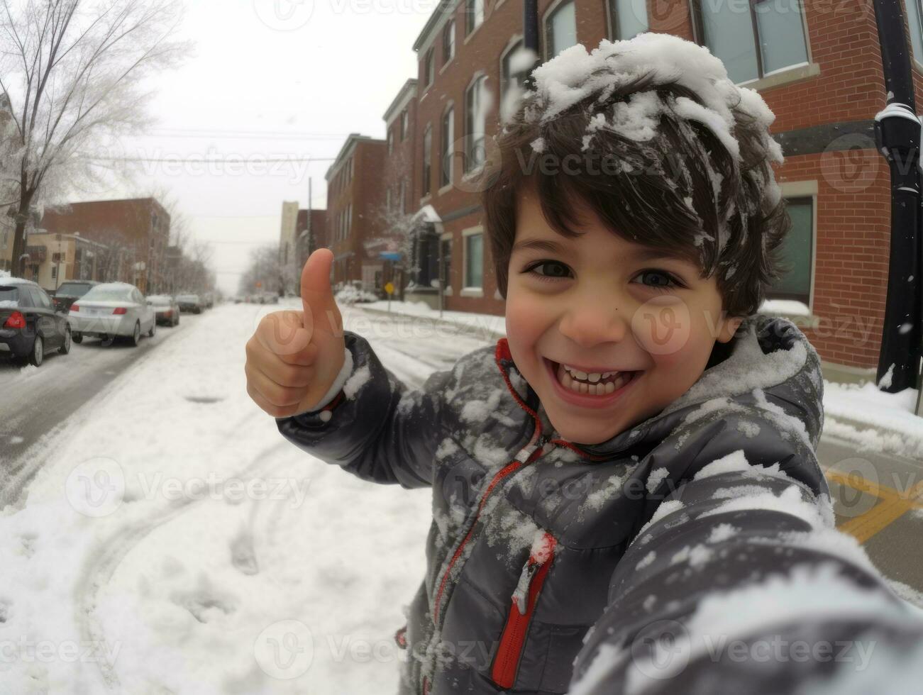 kind geniet de winter besneeuwd dag in speels houding ai generatief foto